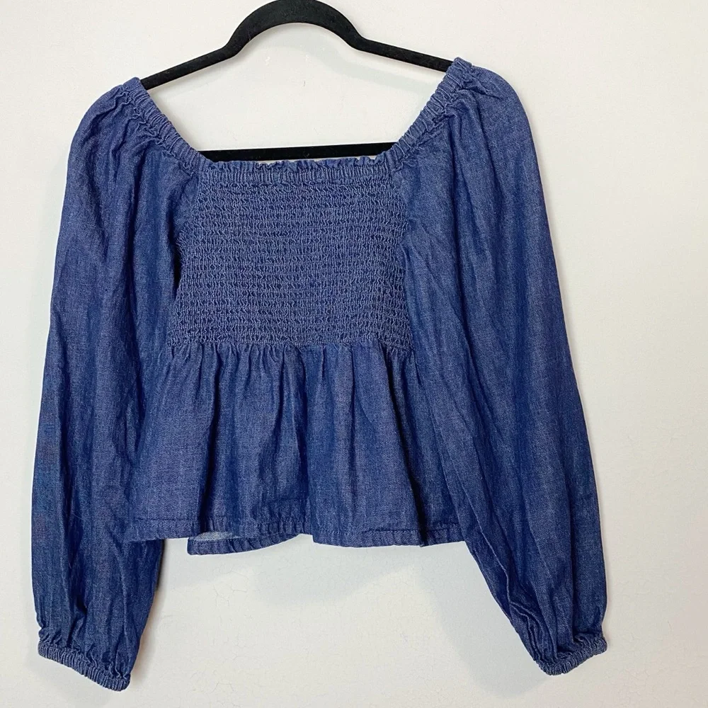 J. Crew Puff Sleeve Smocked Chambray Top